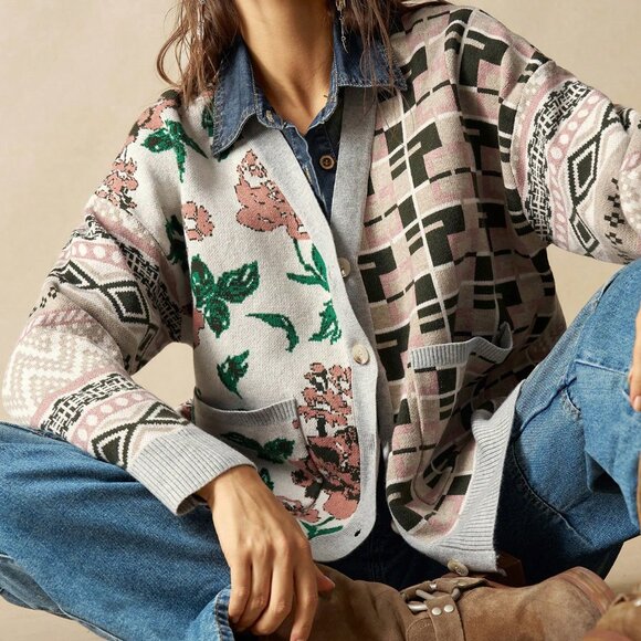 Multicolor Boho Casual Women's Floral Patchwork Cardigan - Picture 4 of 10